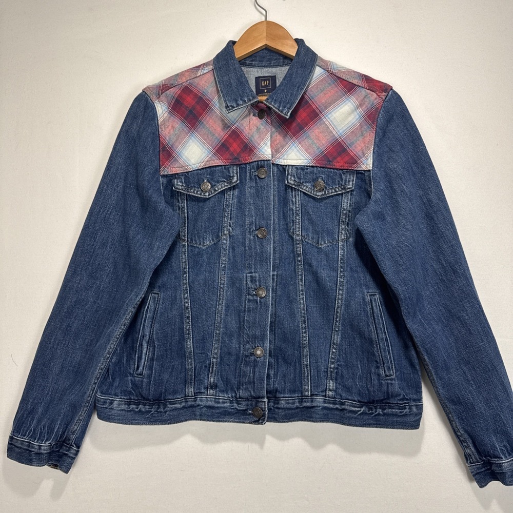 Gap x Pendleton Plaid Yoke Denim Trucker Jacket Womens L Blue Red Cotton Coat